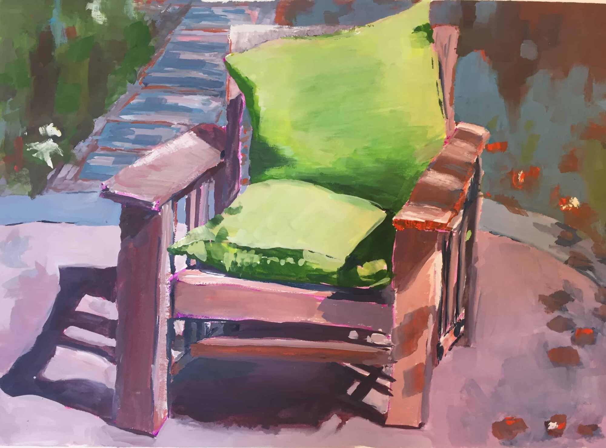 Painting of an outdoor chair with green cushions