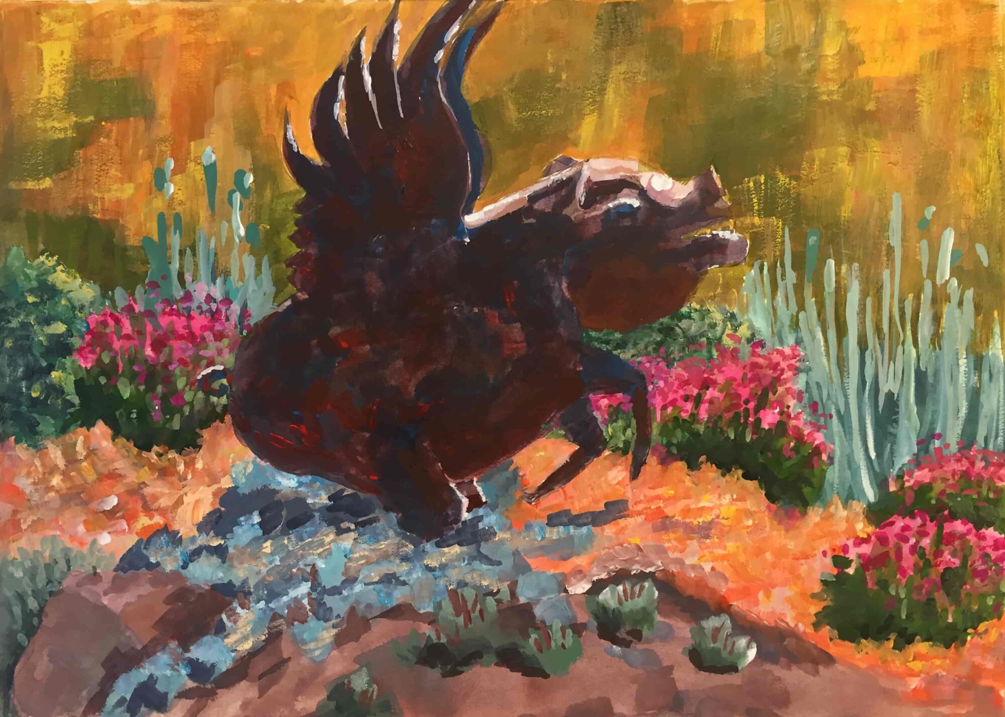 Painting of a bronze pig with wings outdoors