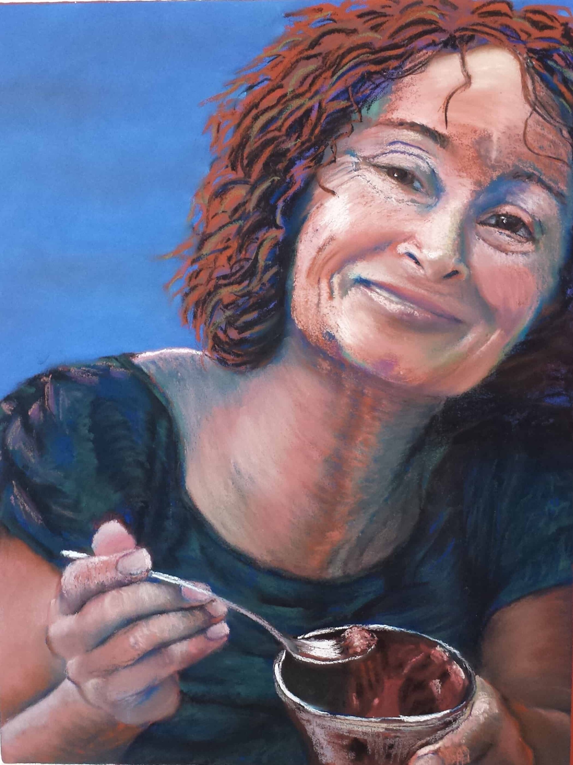Painting of Deena Altman eating chocolate pudding