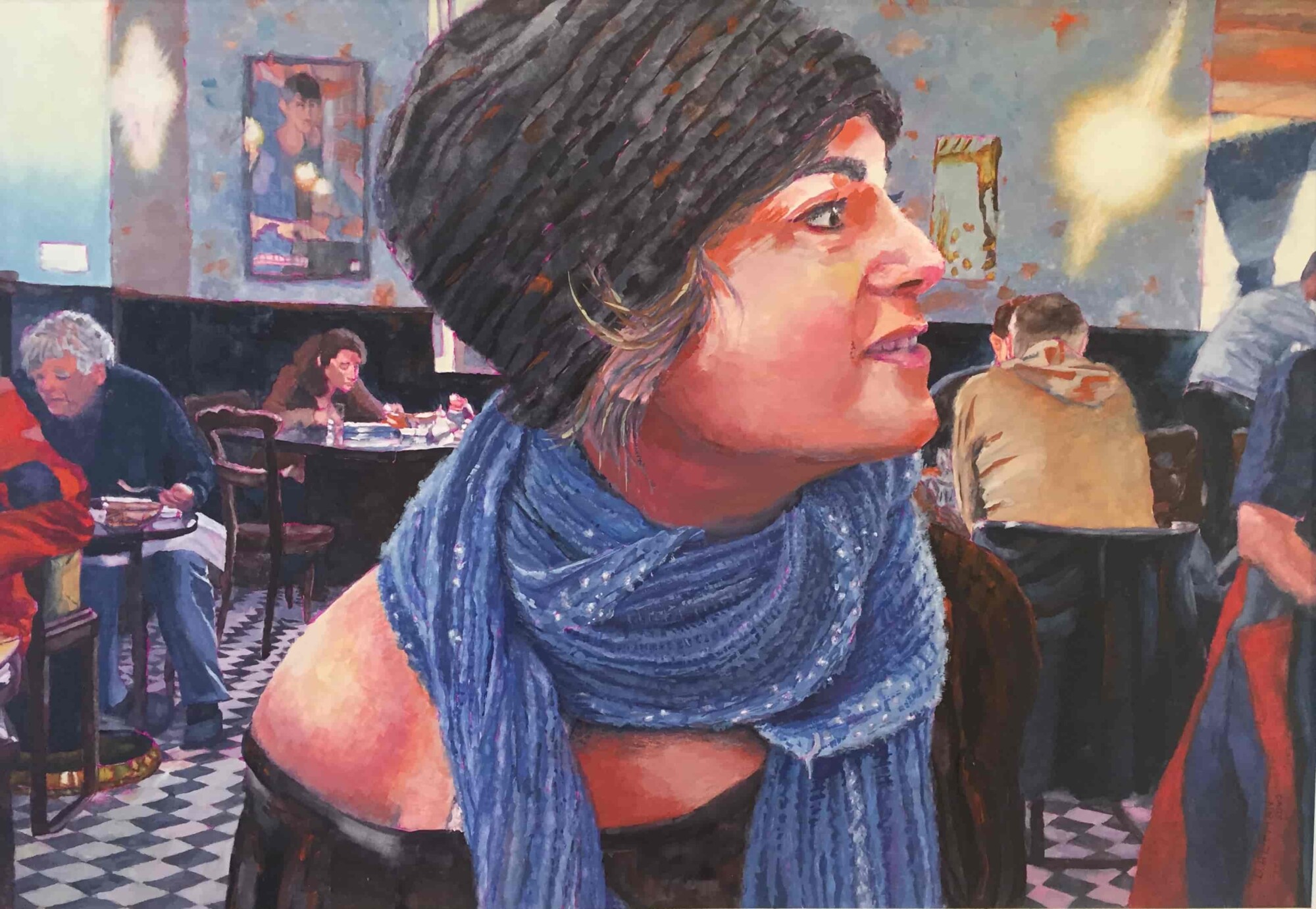 Painting of a woman in a restaurant in a hat and scarf