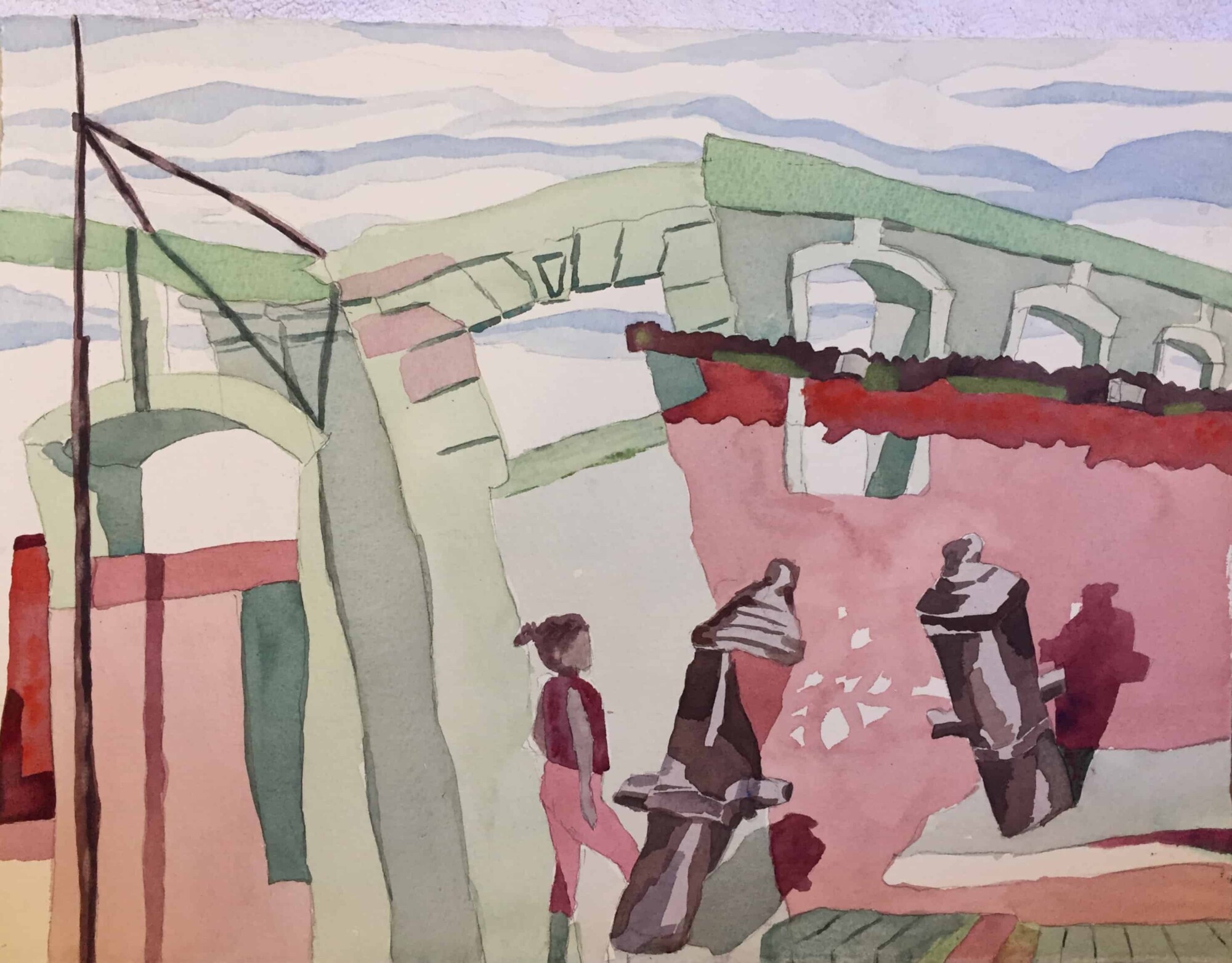 Painting of an abstract building and woman in front of it