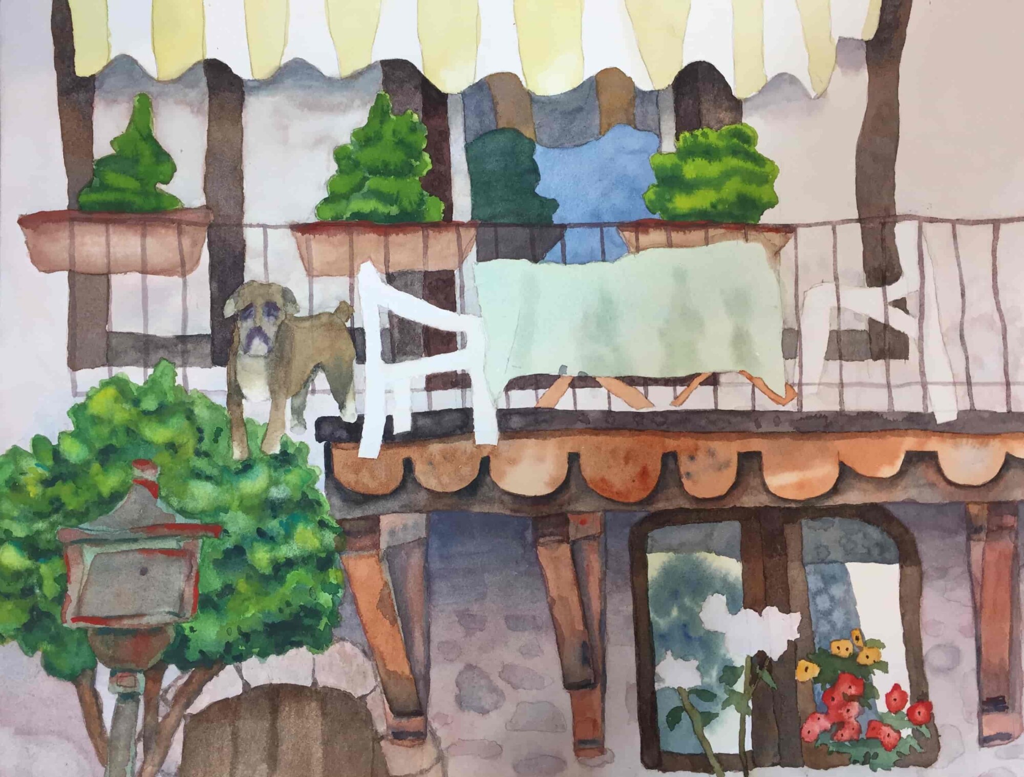 Painting of a balcony with a dog on it