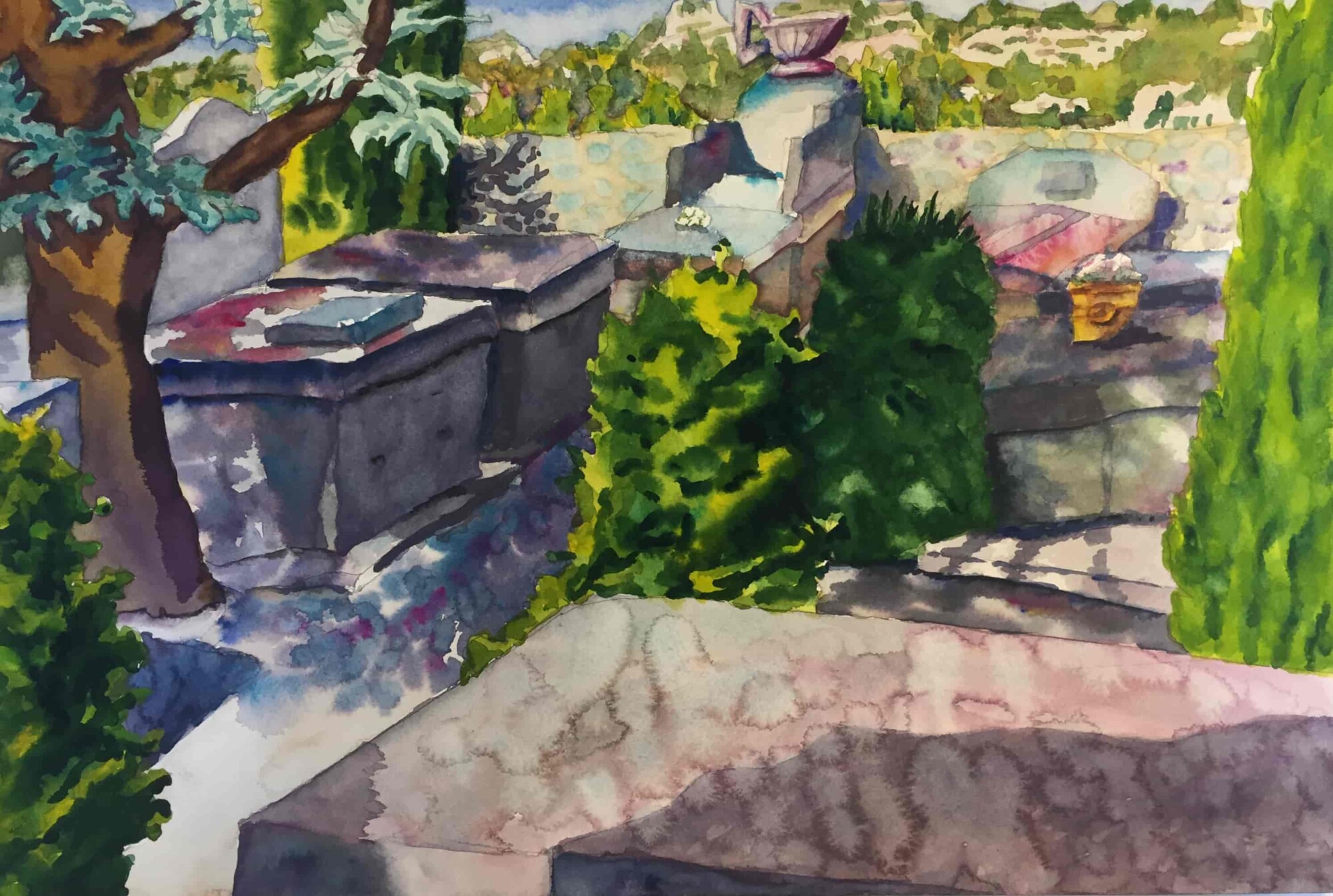 Painting of an outdoor scene with stone work and landscape