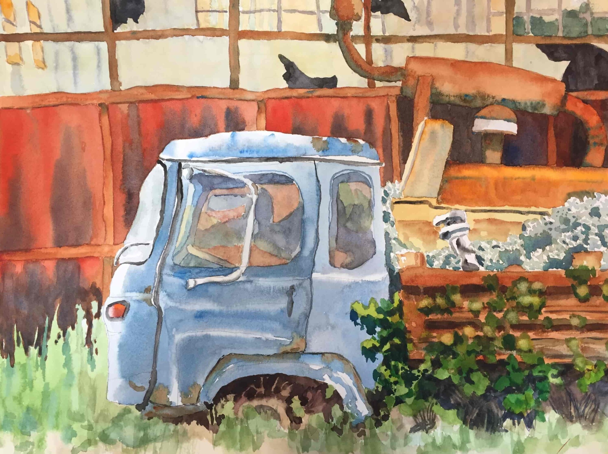 Painting of a dilapidated truck and building