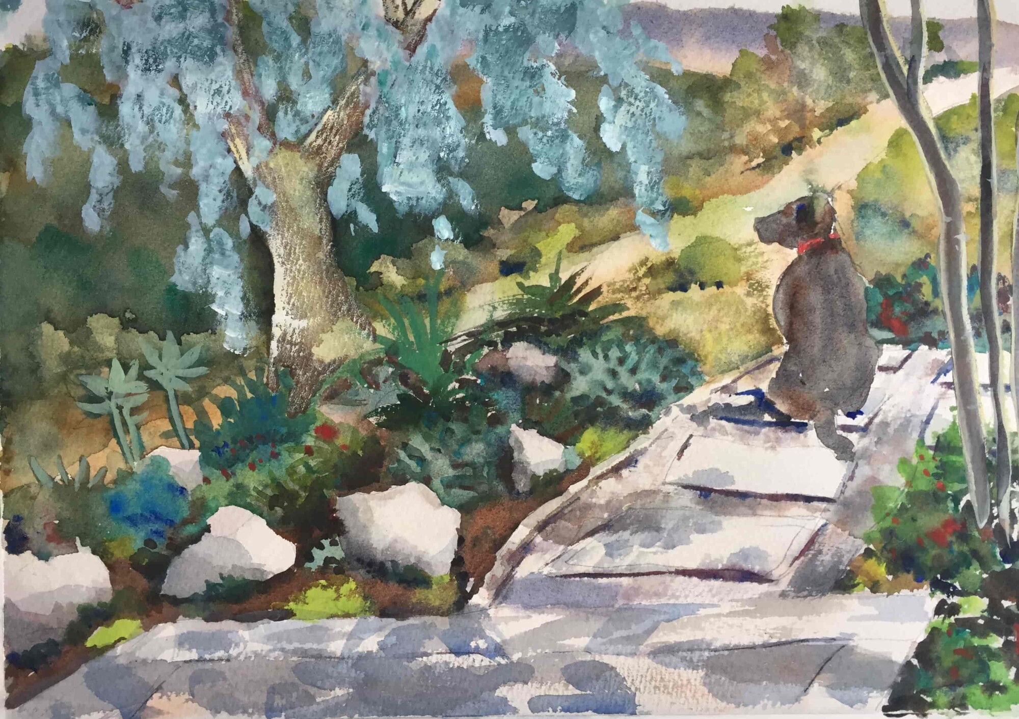Painting of a dog sitting outdoors in a garden