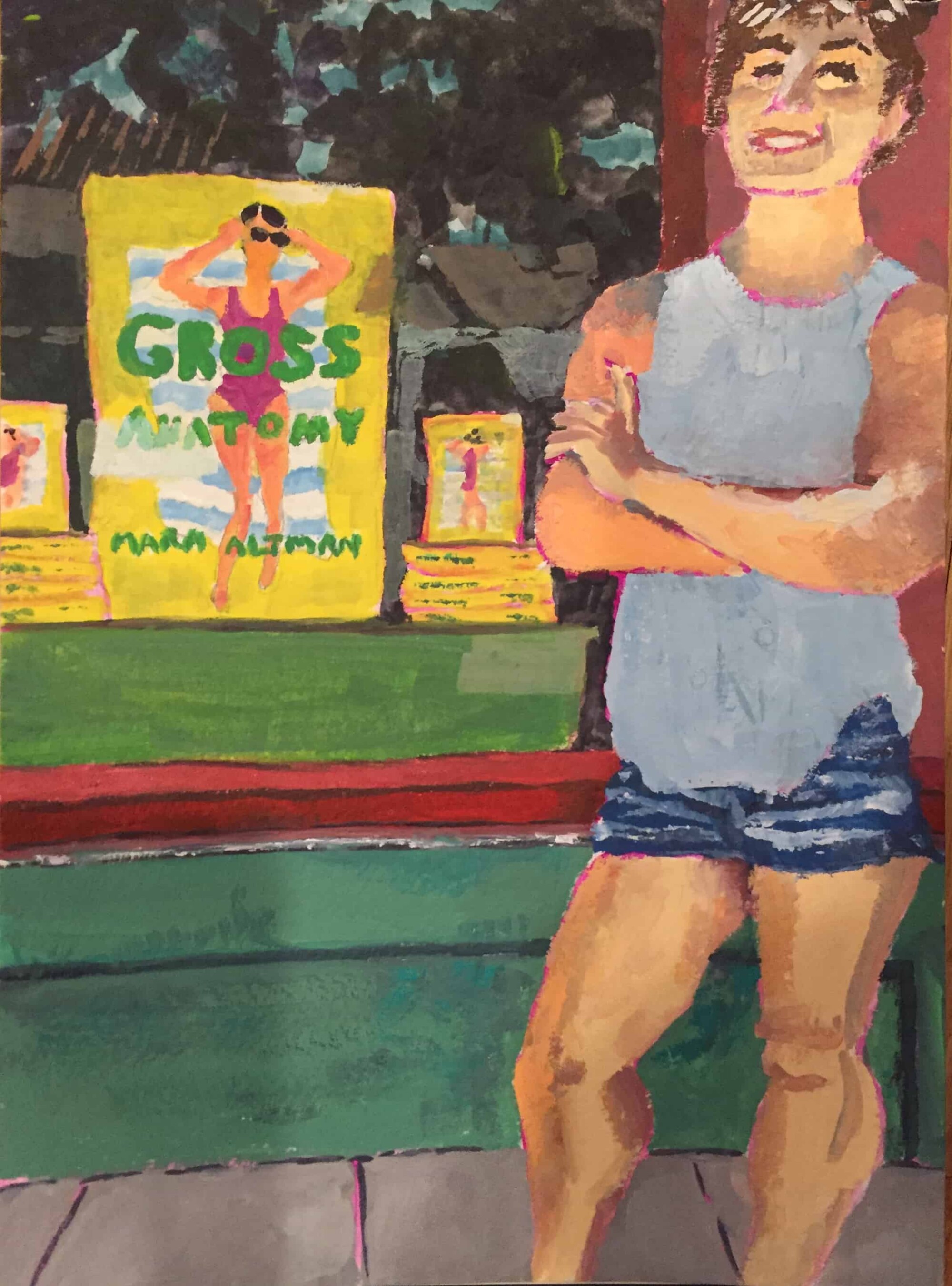 Painting of a woman standing in front of a store window with books for sale