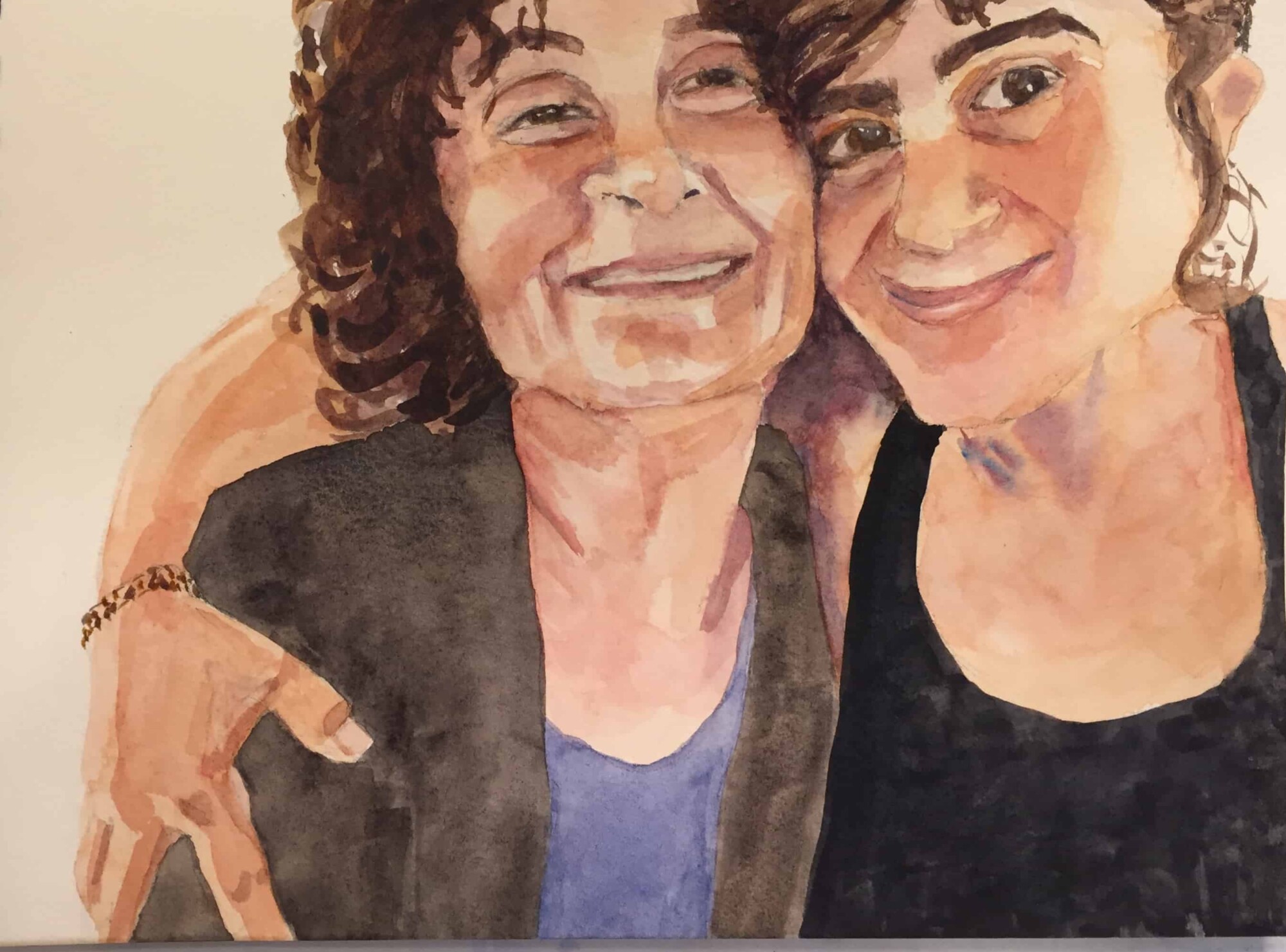 Painting of two women hugging eachother for a photo