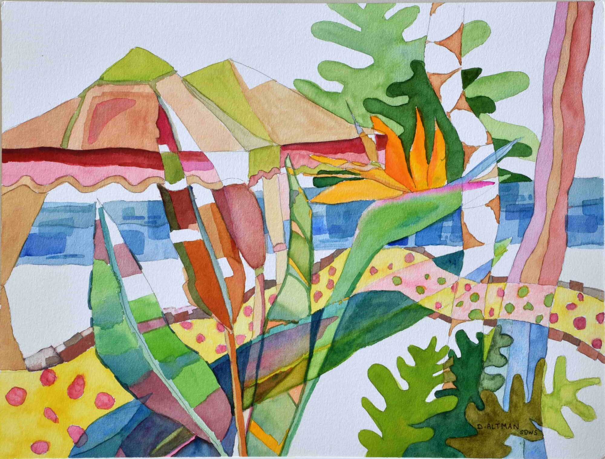 Painting of a bird of paradise plant outdoors