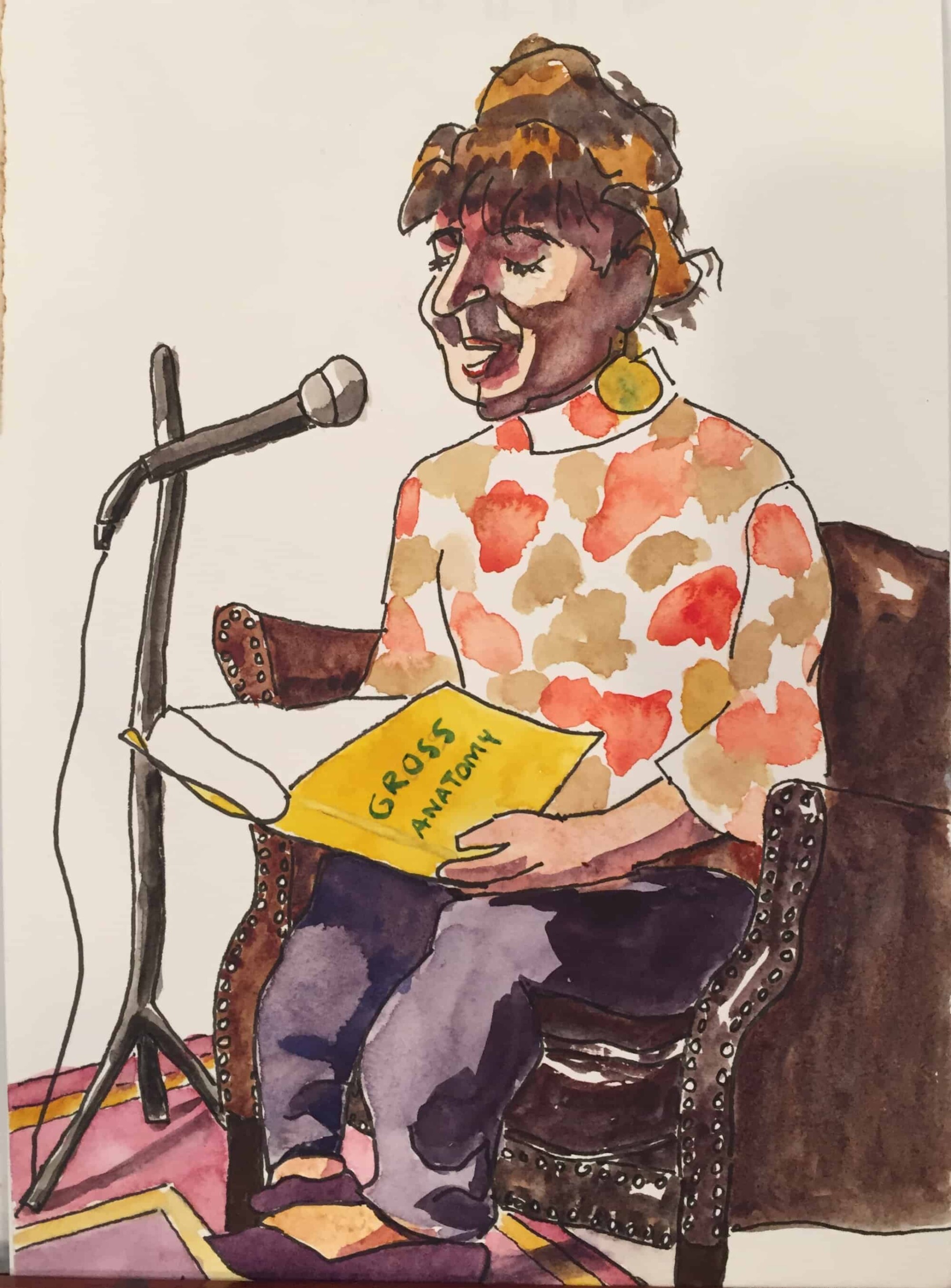 Painting of a woman sitting in a chair reading from an anatomy book speaking into a microphone